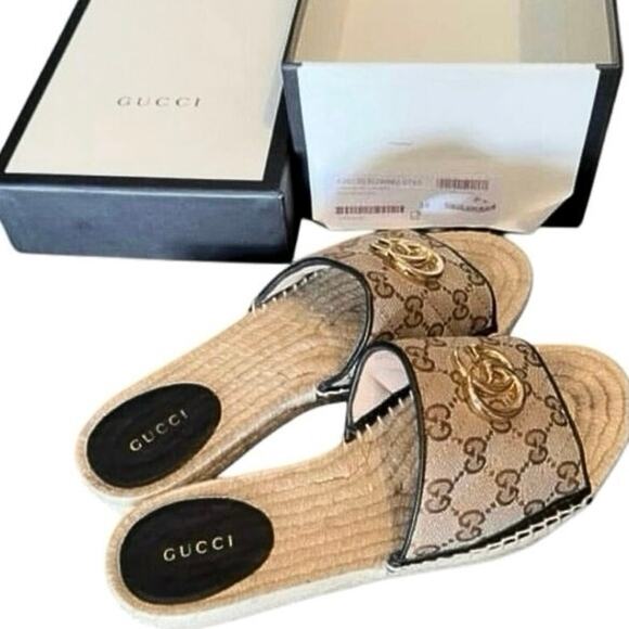 GUCCI Monogram Matelasse GG Marmont Espadrille Slide Sandals Size 38 Beige Black - Picture 2 of 16